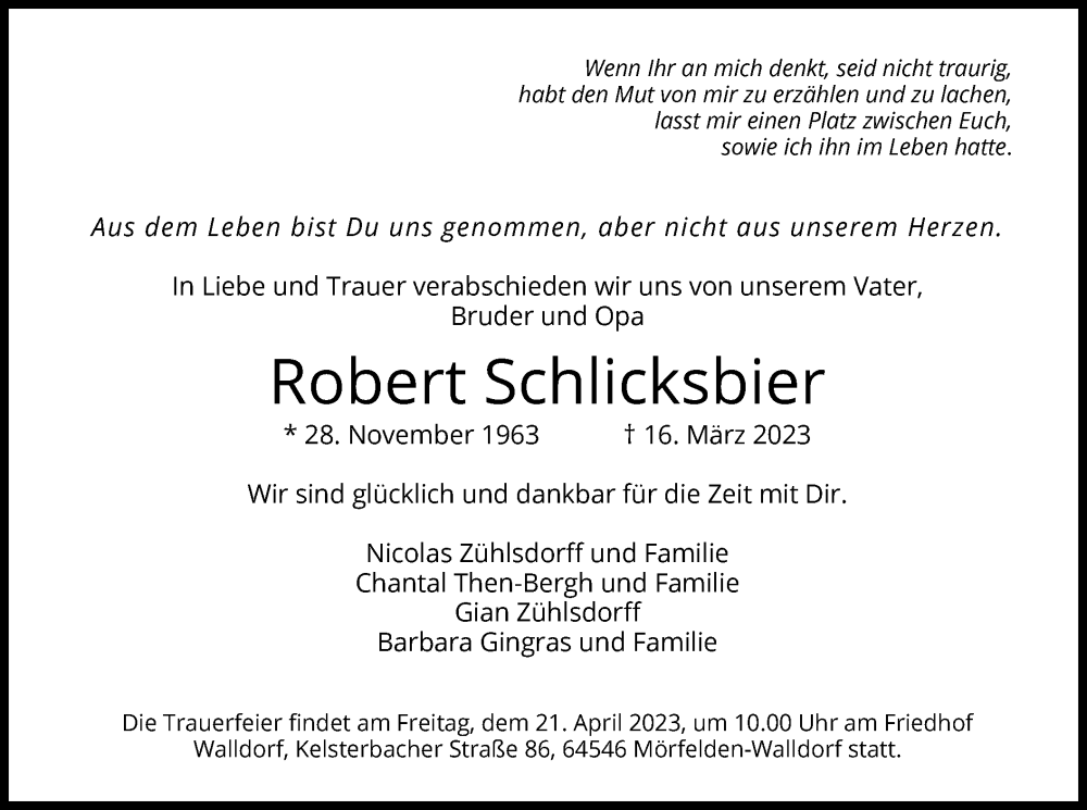  Traueranzeige für Robert Schlicksbier vom 13.04.2023 aus OF