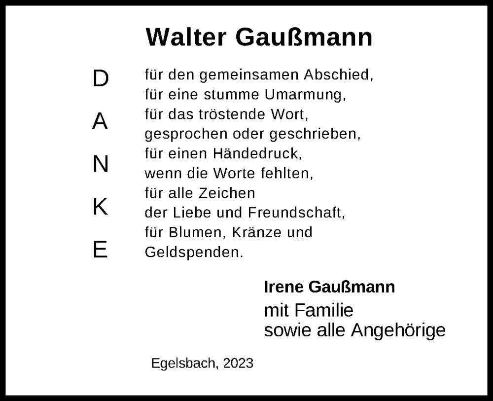  Traueranzeige für Walter Gaußmann vom 08.04.2023 aus OF