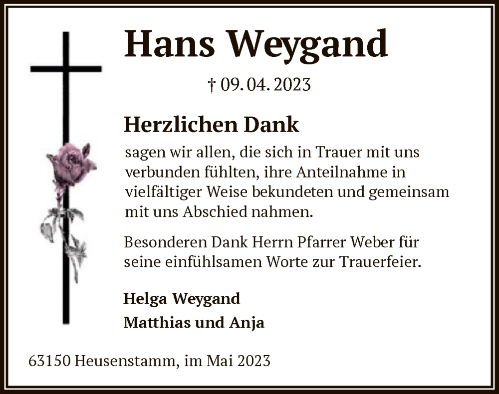  Traueranzeige für Hans Weygand vom 17.05.2023 aus OF