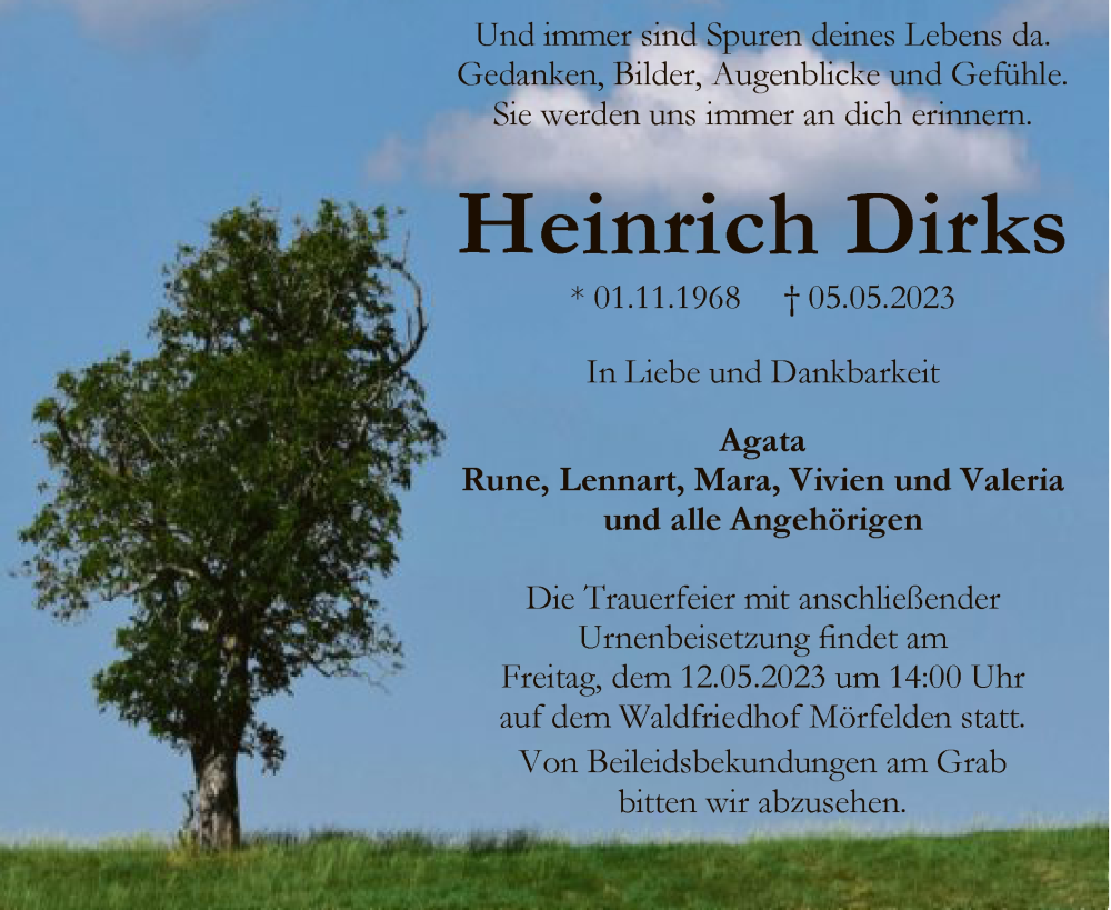  Traueranzeige für Heinrich Dirks vom 12.05.2023 aus OF