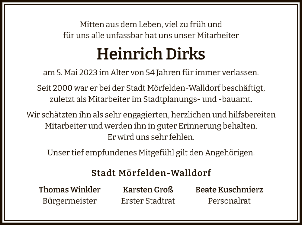  Traueranzeige für Heinrich Dirks vom 19.05.2023 aus OF
