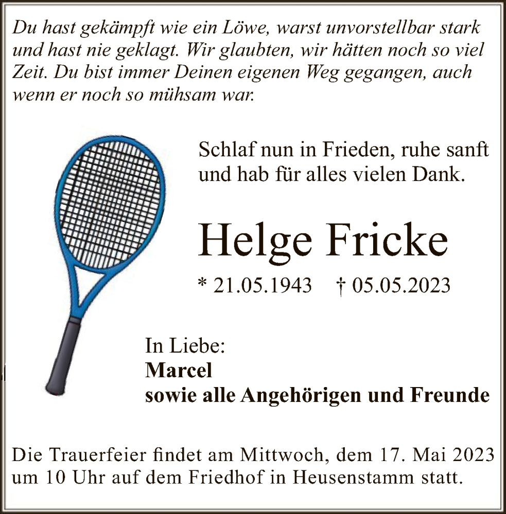  Traueranzeige für Helge Fricke vom 13.05.2023 aus OF