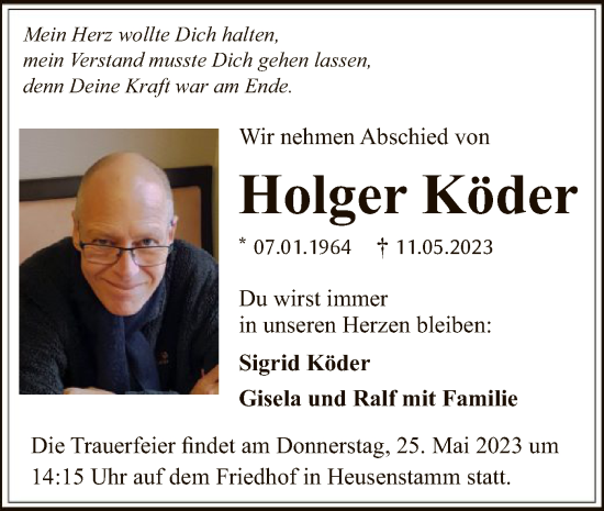 Traueranzeige von Holger Köder von OF