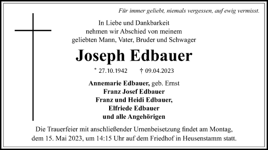 Traueranzeige von Joseph Edbauer von OF