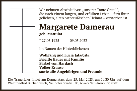 Traueranzeige von Margarete Damerau von OF
