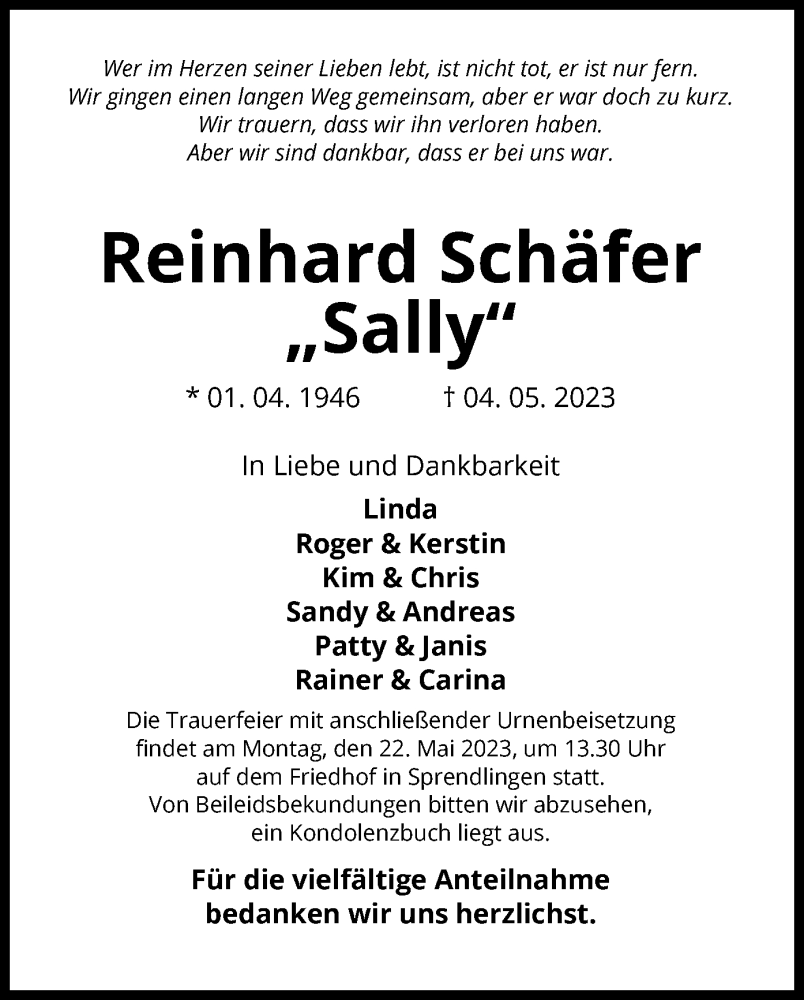  Traueranzeige für Reinhard Schäfer vom 18.05.2023 aus OF