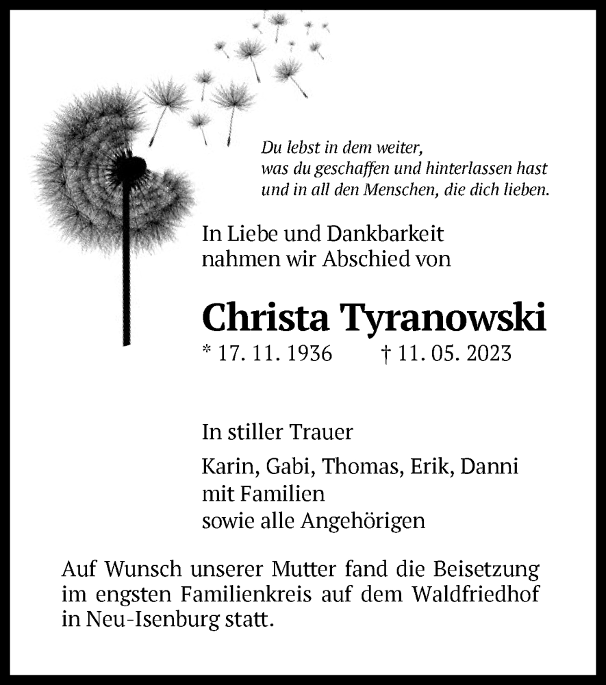  Traueranzeige für Christa Tyranowski vom 15.06.2023 aus OF