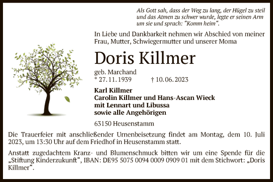 Traueranzeige von Doris Killmer von OF
