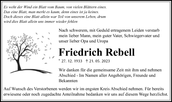 Traueranzeige von Friedrich Rebell von OF