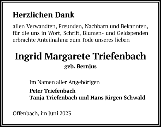 Traueranzeige von Ingrid Margarete Triefenbach von OF