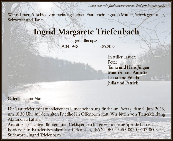 Traueranzeige von Ingrid Margarete Triefenbach von OF