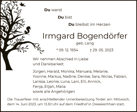 Traueranzeige von Irmgard Bogendörfer von OF