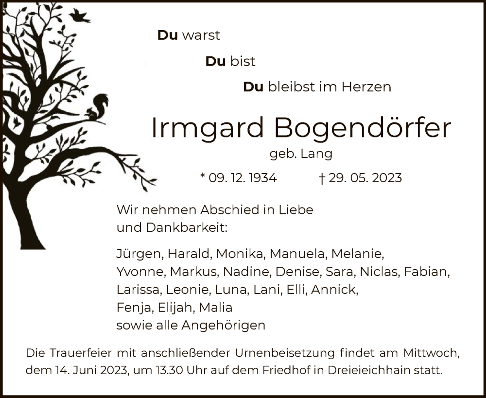  Traueranzeige für Irmgard Bogendörfer vom 10.06.2023 aus OF