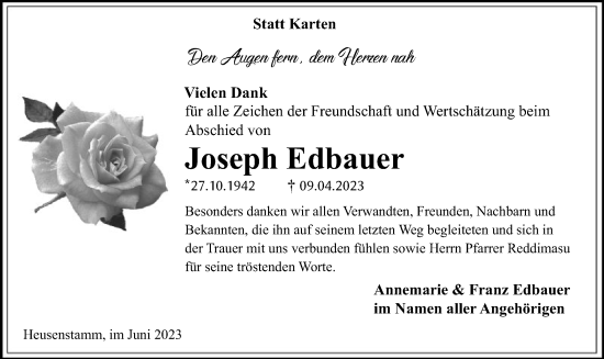 Traueranzeige von Joseph Edbauer von OF