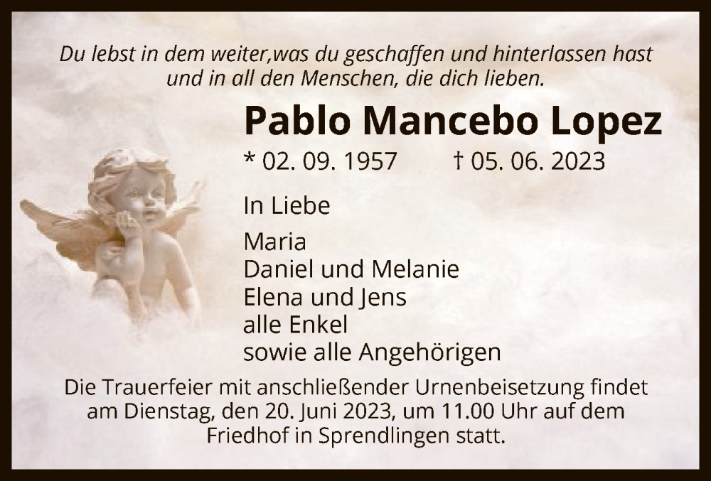  Traueranzeige für Pablo Mancebo Lopez vom 17.06.2023 aus OF