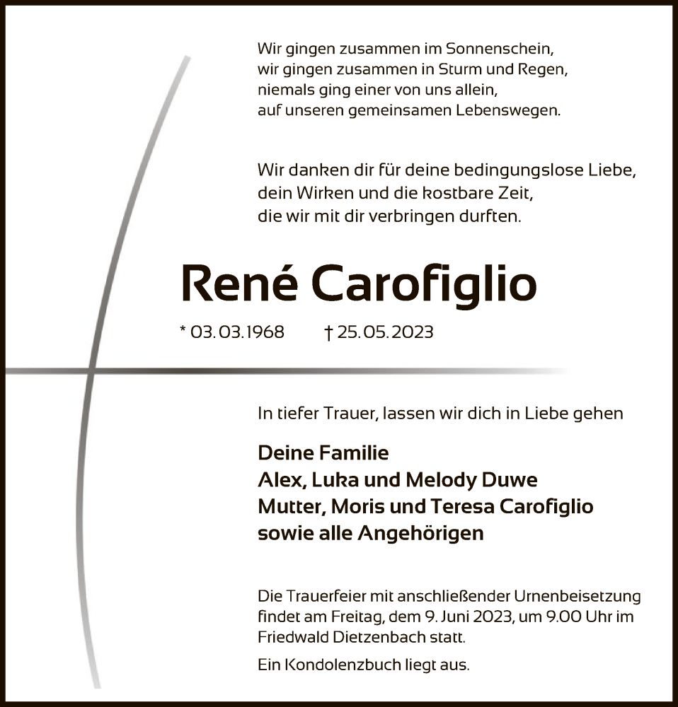  Traueranzeige für René Carofiglio vom 08.06.2023 aus OF