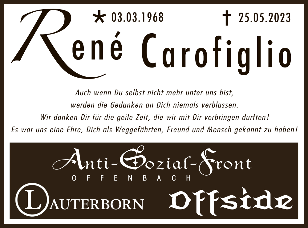  Traueranzeige für René Carofiglio vom 10.06.2023 aus OF