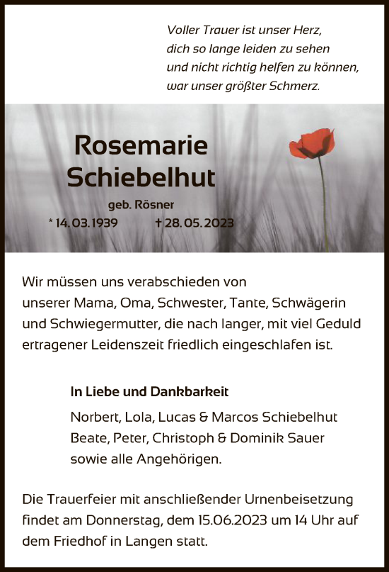 Traueranzeige von Rosemarie Schiebelhut von OF