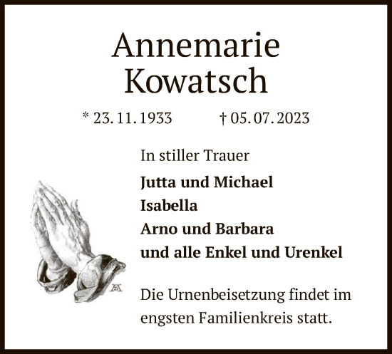 Traueranzeige von Annemarie Kowatsch von OF
