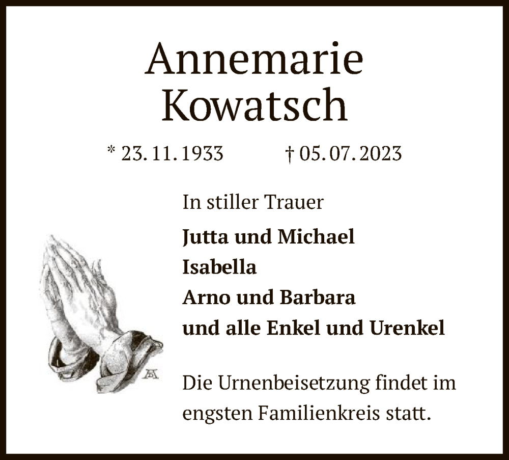  Traueranzeige für Annemarie Kowatsch vom 27.07.2023 aus OF