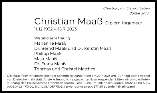 Traueranzeige von Christian Maaß von OF