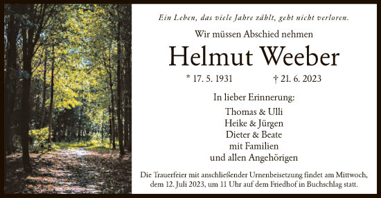 Traueranzeige von Helmut Weeber von OF