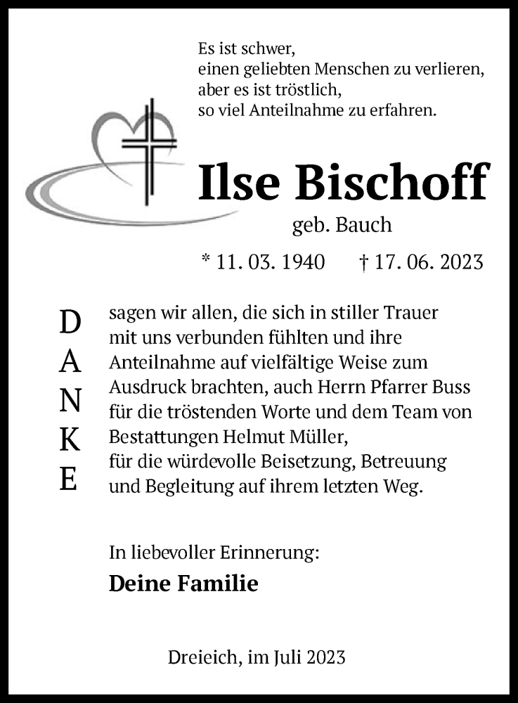  Traueranzeige für Ilse Bischoff vom 29.07.2023 aus OF