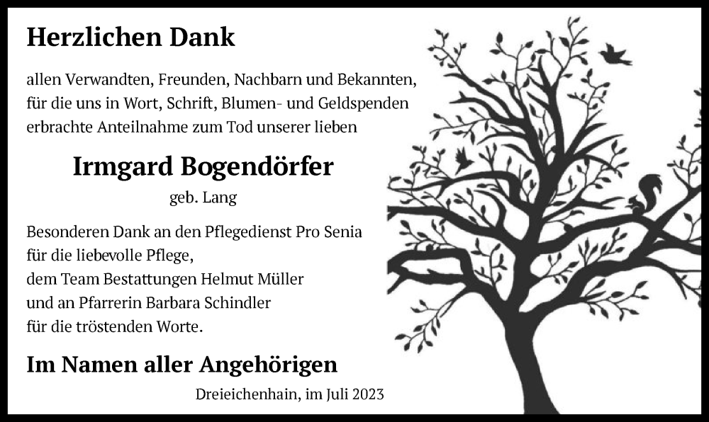  Traueranzeige für Irmgard Bogendörfer vom 15.07.2023 aus OF
