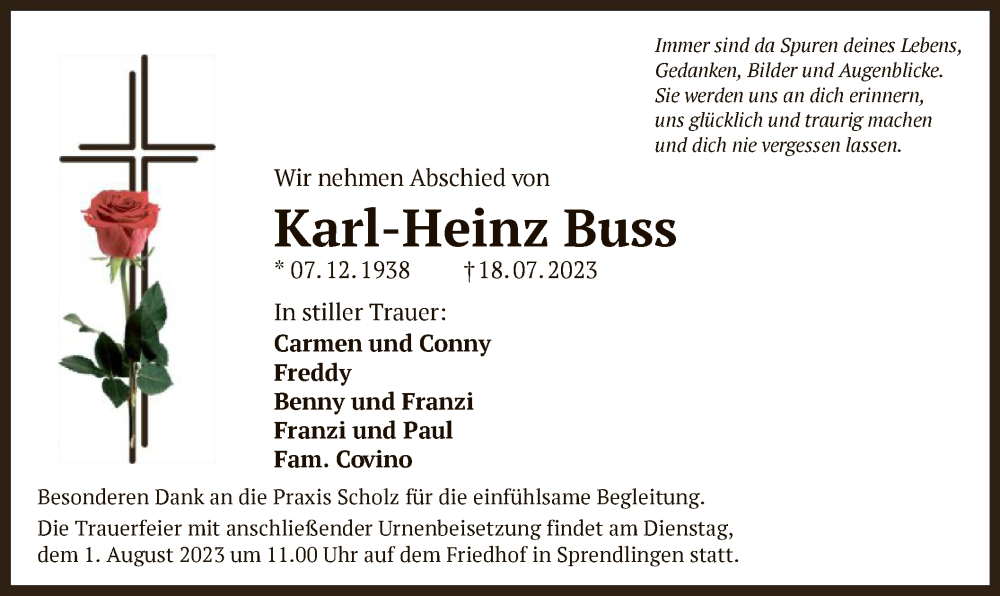  Traueranzeige für Karl-Heinz Buss vom 29.07.2023 aus OF