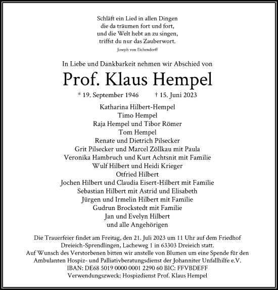 Traueranzeige von Klaus Hempel von OF