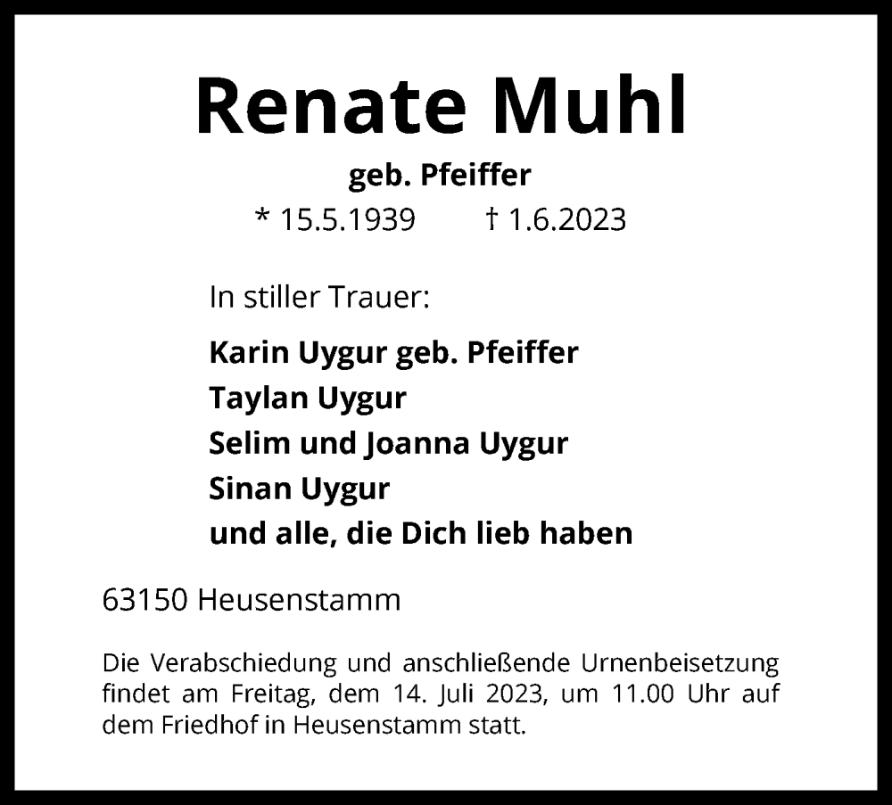 Traueranzeige für Renate Muhl vom 08.07.2023 aus OF