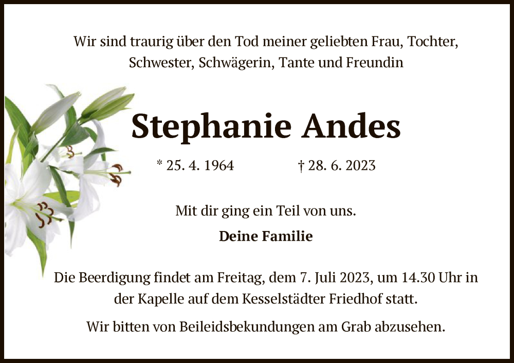  Traueranzeige für Stephanie Andes vom 05.07.2023 aus OF