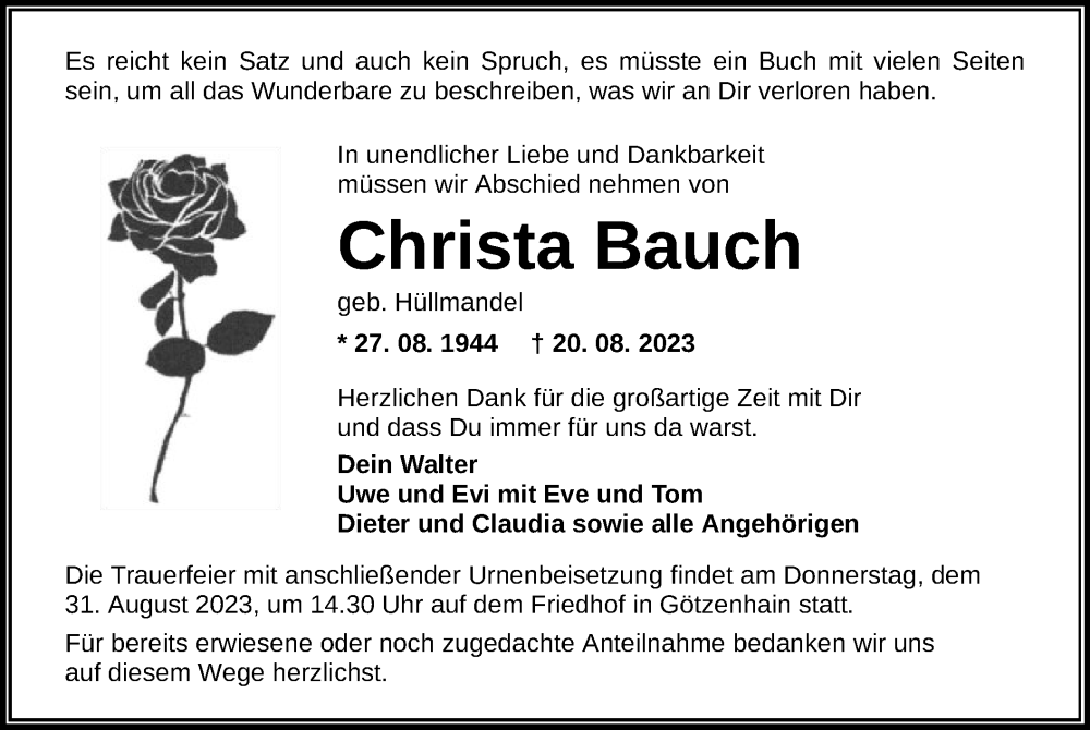  Traueranzeige für Christa Bauch vom 31.08.2023 aus OF