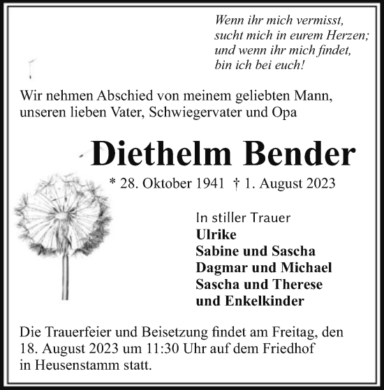 Traueranzeige von Diethelm Bender von OF