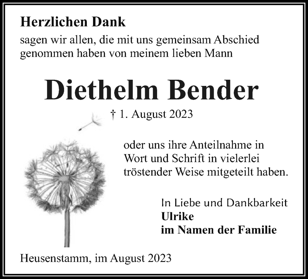  Traueranzeige für Diethelm Bender vom 26.08.2023 aus OF