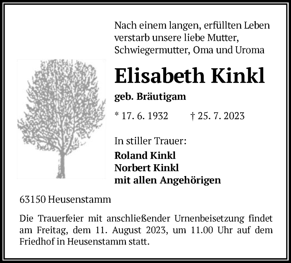  Traueranzeige für Elisabeth Kinkl vom 09.08.2023 aus OF