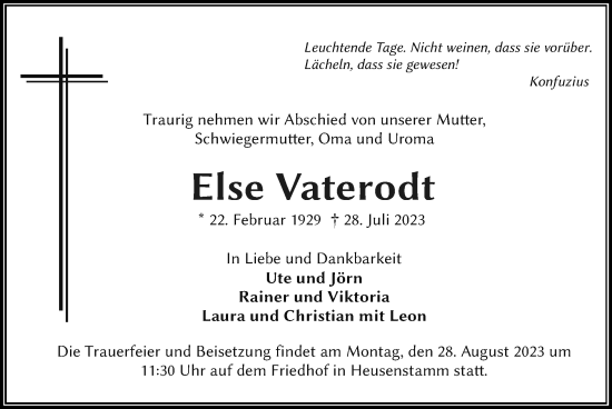 Traueranzeige von Else Vaterodt von OF