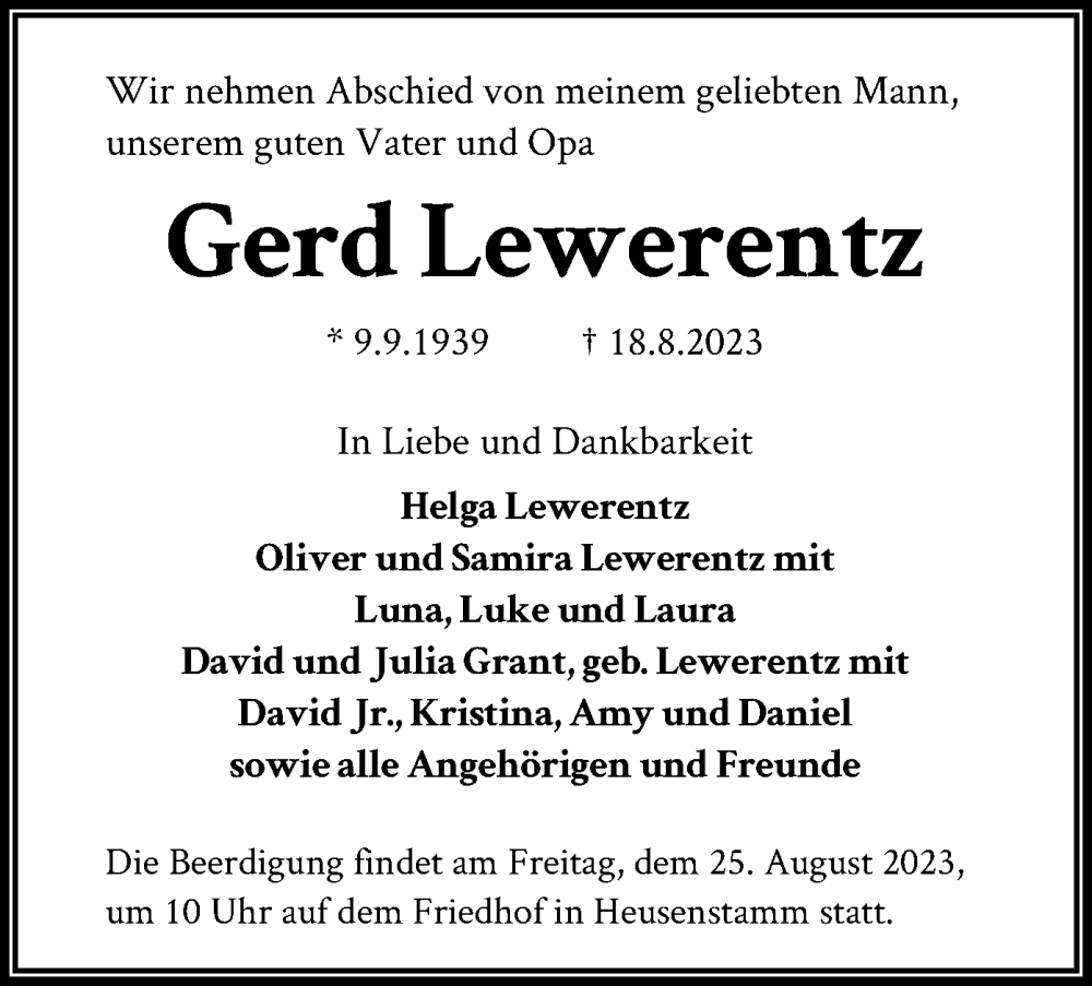  Traueranzeige für Gerd Lewerentz vom 23.08.2023 aus OF