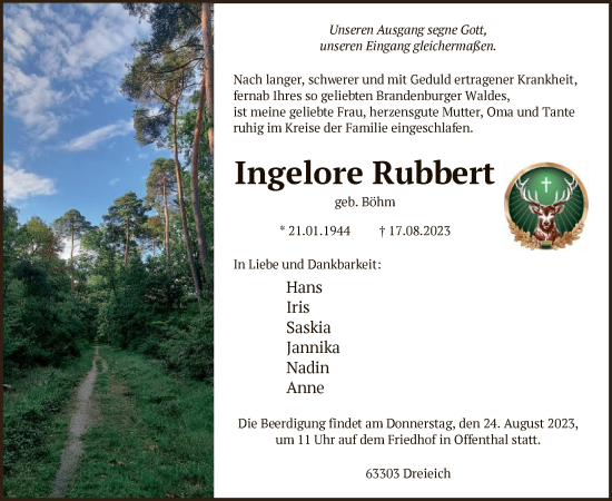 Traueranzeige von Ingelore Rubbert von OF