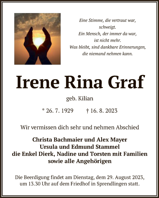 Traueranzeige von Irene Rina Graf von OF