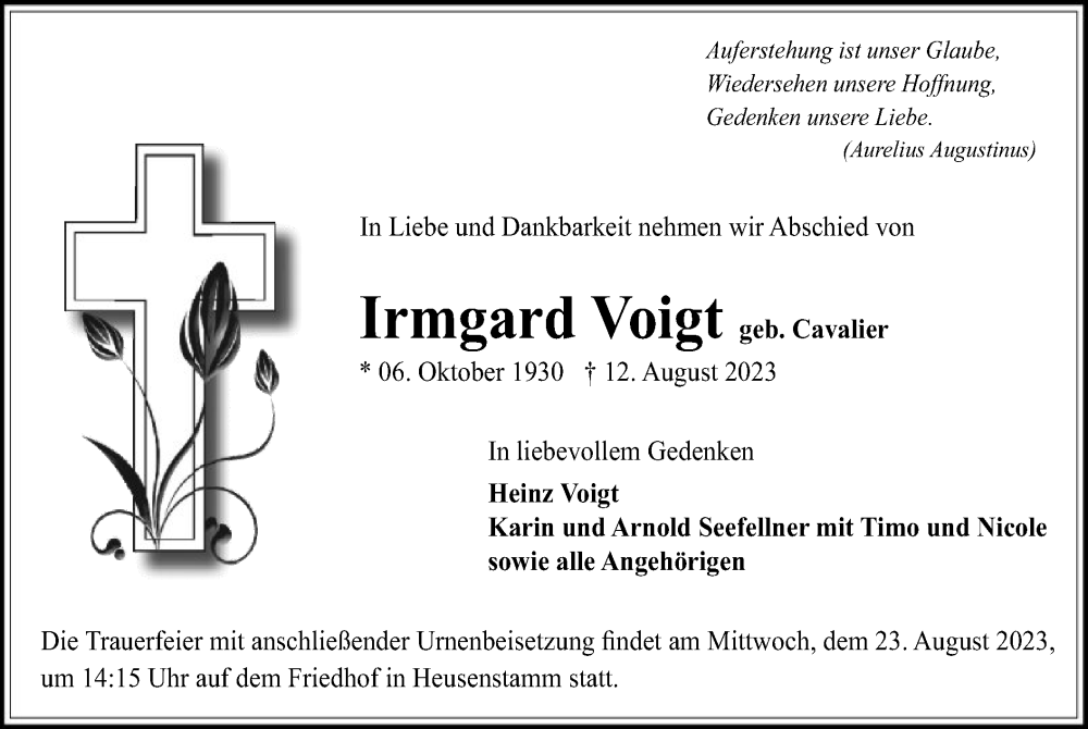  Traueranzeige für Irmgard Voigt vom 19.08.2023 aus OF