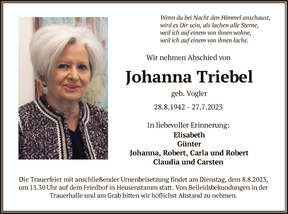  Traueranzeige für Johanna Triebel vom 05.08.2023 aus OF