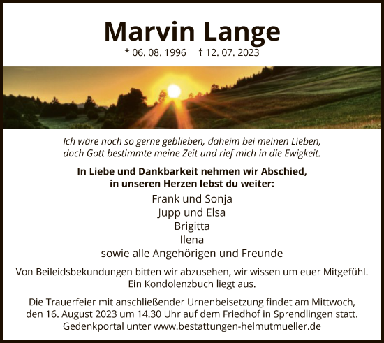 Traueranzeige von Marvin Lange von OF