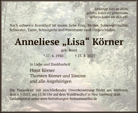 Traueranzeige von Anneliese Körner von OF