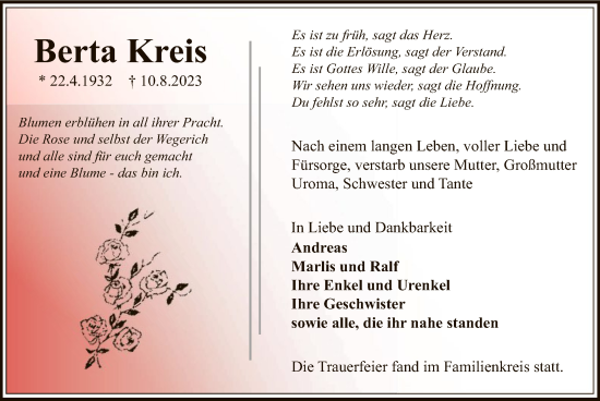 Traueranzeige von Berta Kreis von OF