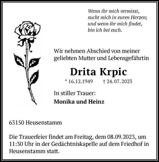 Traueranzeige von Drita Krpic von OF