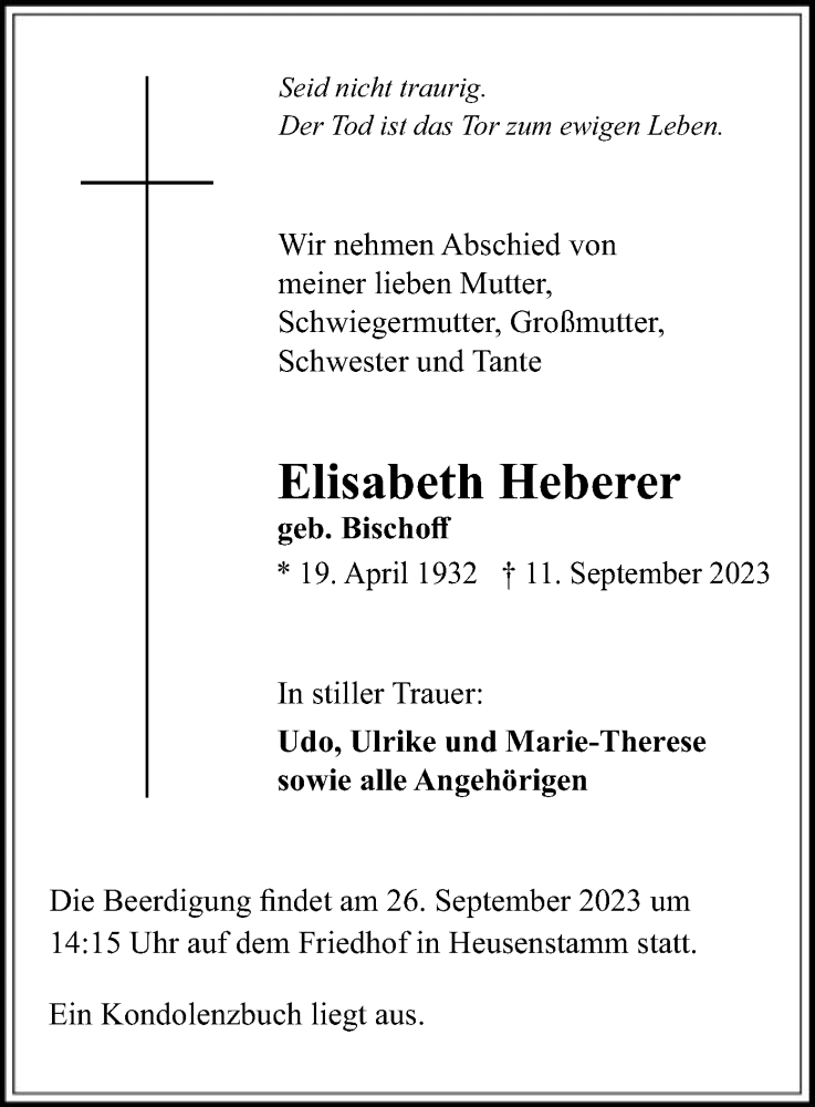  Traueranzeige für Elisabeth Heberer vom 20.09.2023 aus OF