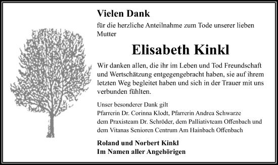 Traueranzeige von Elisabeth Kinkl von OF