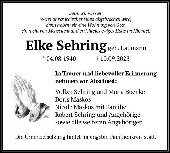 Traueranzeige von Elke Sehring von OF
