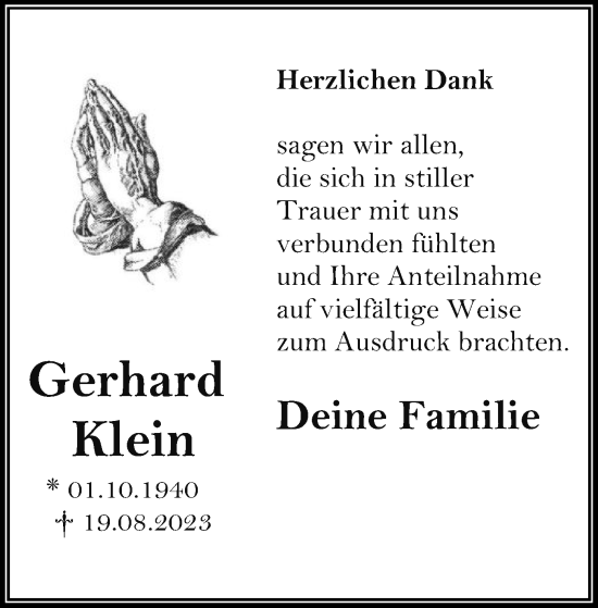 Traueranzeige von Gerhard Klein von OF